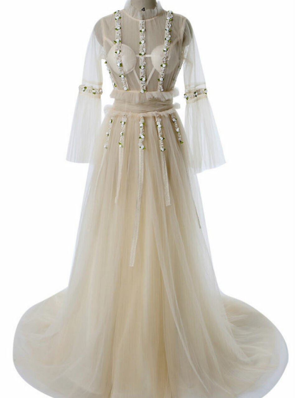 Bohemian Style Champagne Long-sleeved Bridal Party Dress,pl1469