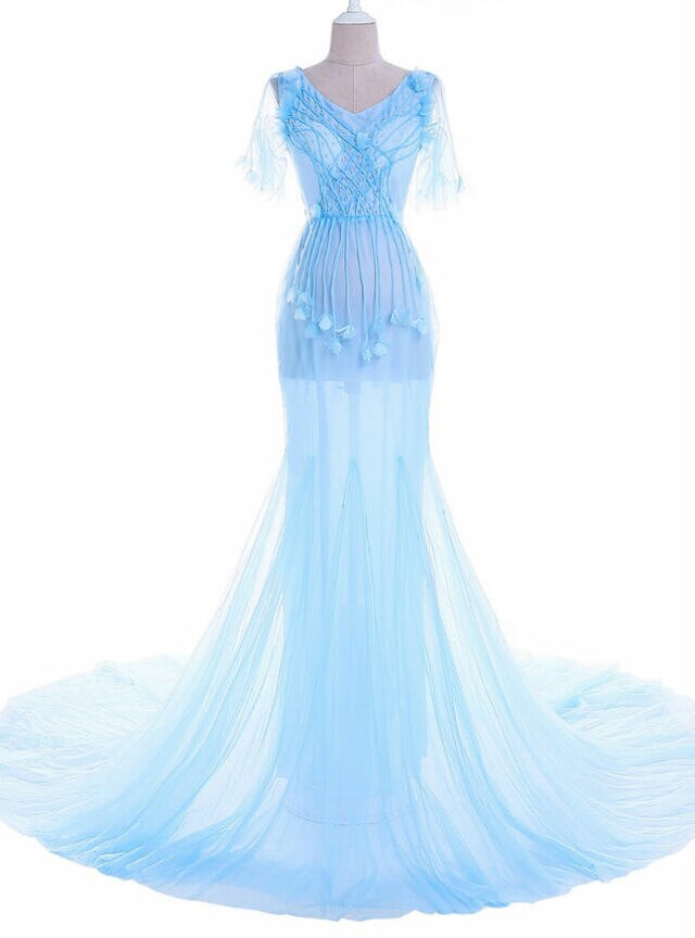 Blue Lace Long Slumber Party For Pregnant Women Mermaid Dress,pl1475