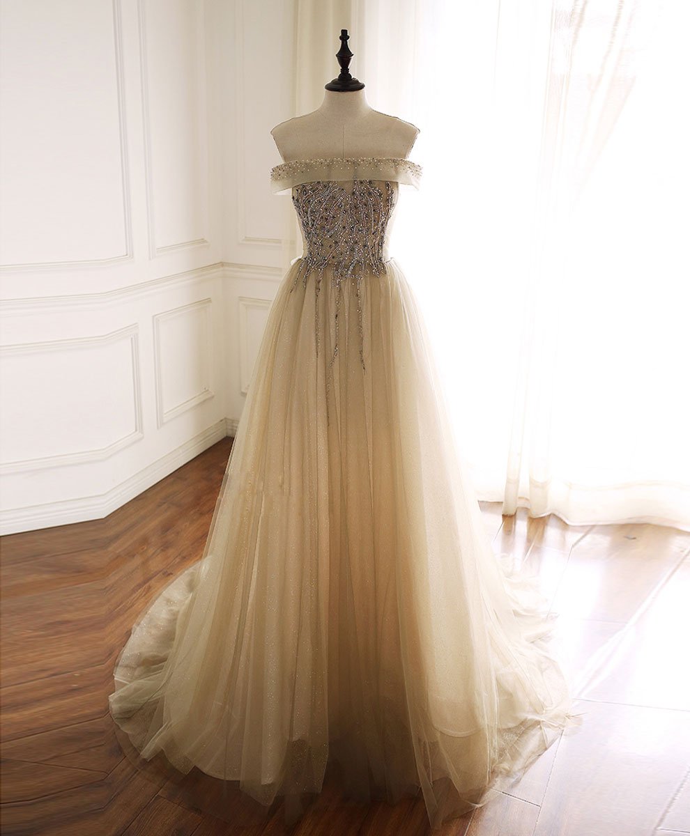 Champagne tulle sequin beads long prom dress tulle formal dress,PL1537