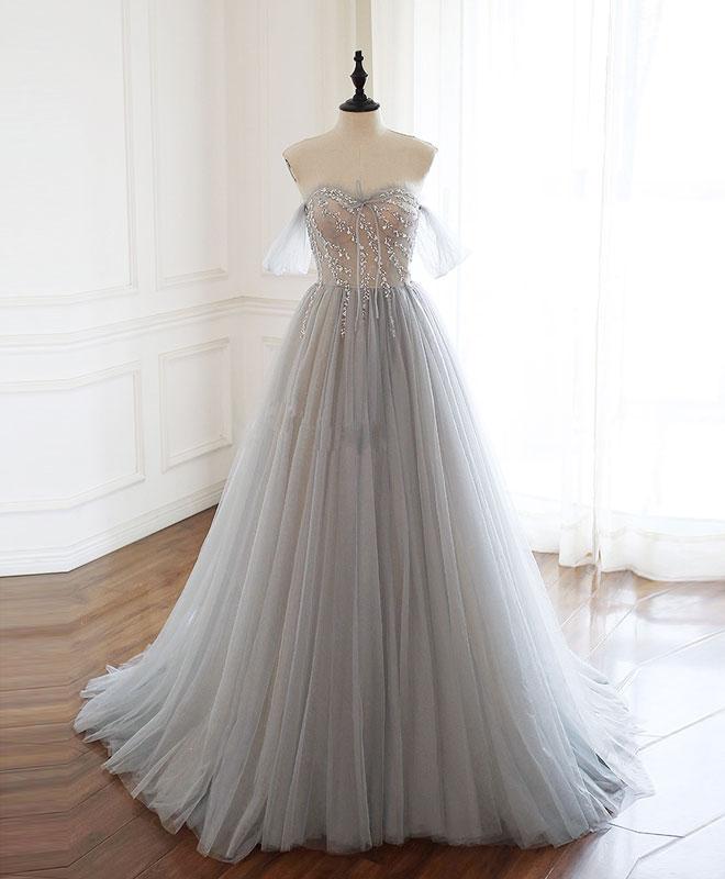 Gray Sweetheart Tulle Beads Long Prom Dress Gray Tulle Formal Dress,pl1556