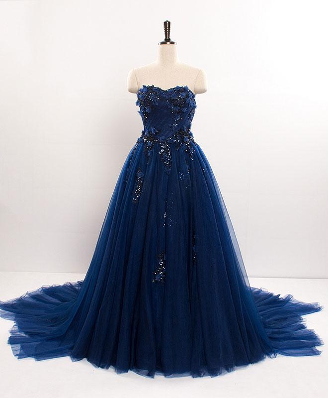 Dark Blue Sweetheart Tulle Lace Long Prom Dress Blue Tulle Evening Dress,pl1560