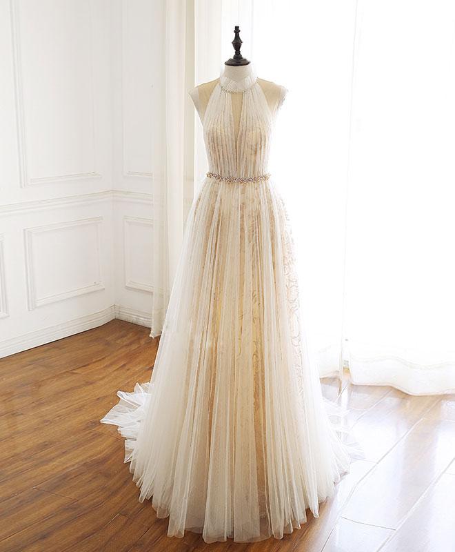Champagne Tulle Lace Long Prom Dress, Champagne Evening Dress,pl1569