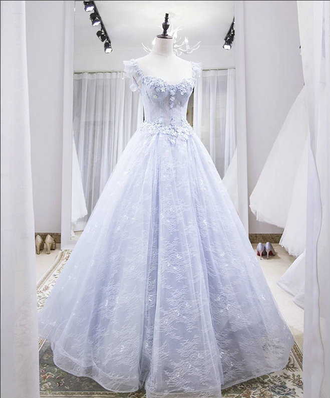 Light Blue Tulle Lace Long Prom Dress, Blue Evening Dress,pl1573