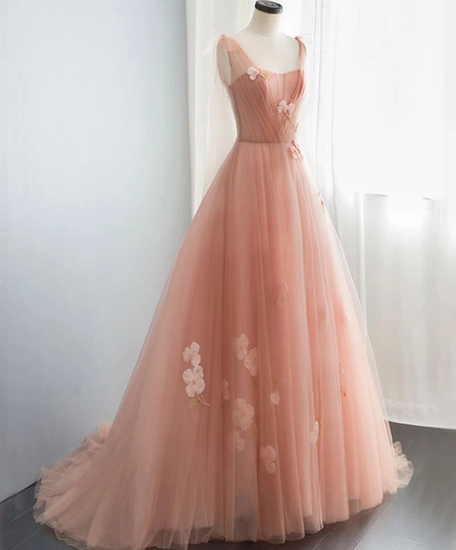Pink V Neck Tulle Long Prom Dress, Tulle Evening Dress,pl1576