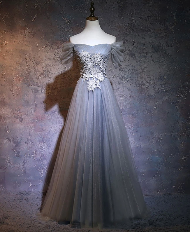 Gray A-line Tulle Lace Applique Long Prom Dress, Gray Bridesmaid Dress,pl1596