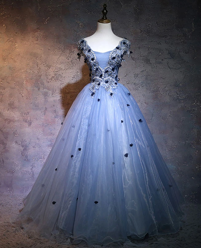 Unique Blue Lace Applique Cover Sleeves Long Prom Dress, Sweet 16 Dress,pl1597
