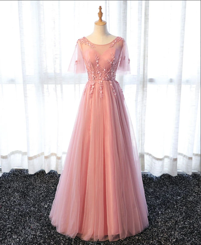 Pink A Line Tulle Lace Long Prom Dress, Lace Evening Dress,pl1599