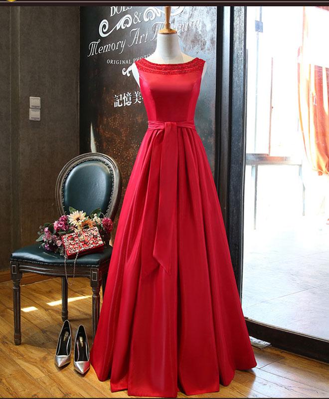 Red A Line Satin Beading Long Prom Dress, Red Evening Dress,pl1605