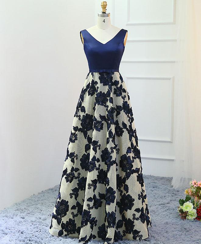 Stylish Dark Blue A-line V Neck Long Prom Dress, Dark Blue Evening Dress,pl1610