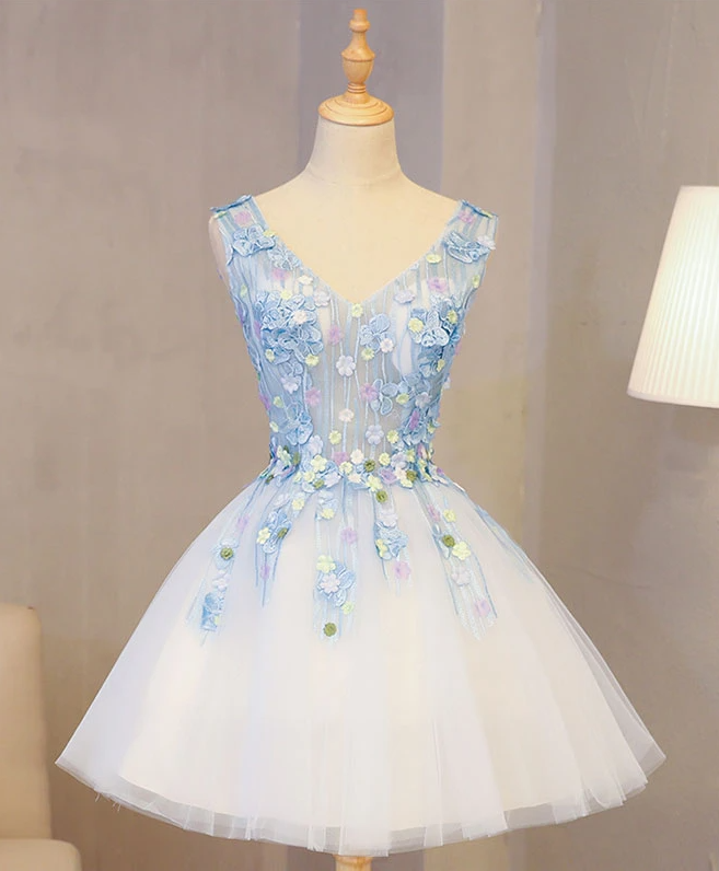 Cute Blue Lace Applique Short Prom Dress, Homecoming Dress,pl1616