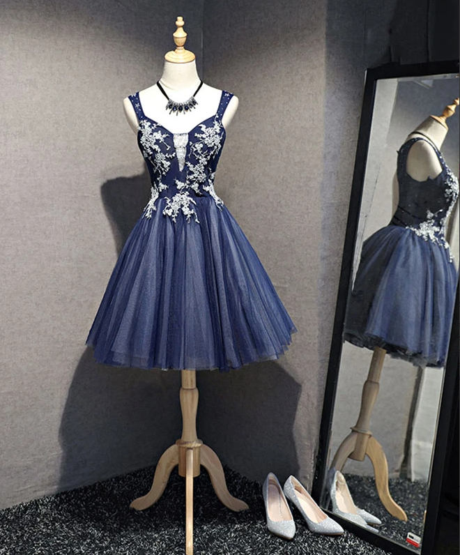 High Quality Dark Blue Tulle Beading Short Prom Dress, Homecoming Dress,pl1617