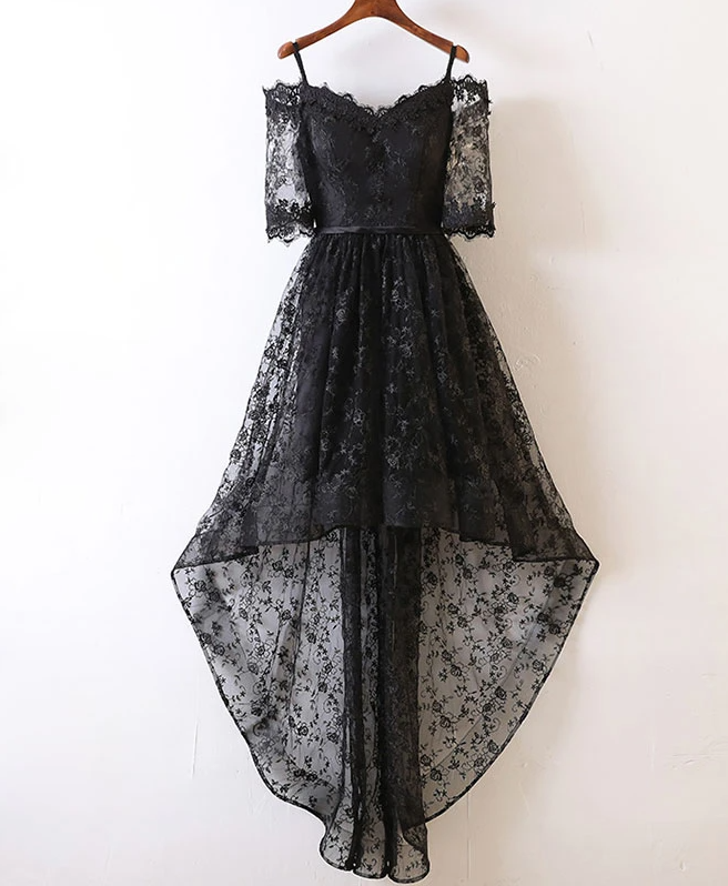 Black High Low Lace Prom Dress, Black Homecoming Dress,pl1624