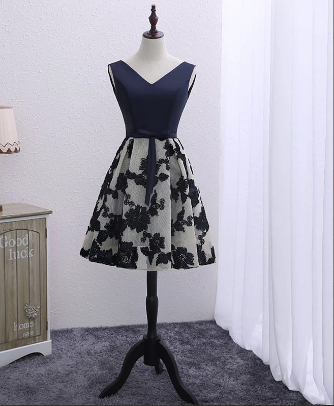 Dark Blue V Neck Short Prom Dress, Homecoming Dress,pl1625