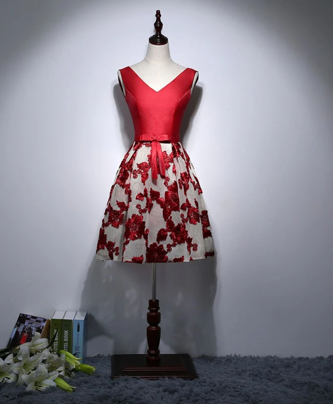 Red A-line V Neck Short Prom Dress, Homecoming Dress,pl1626