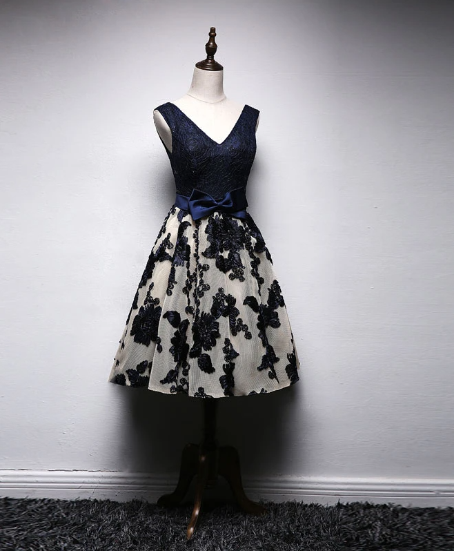Dark Blue Lace V Neck Short Prom Dress, Homecoming Dress,pl1627