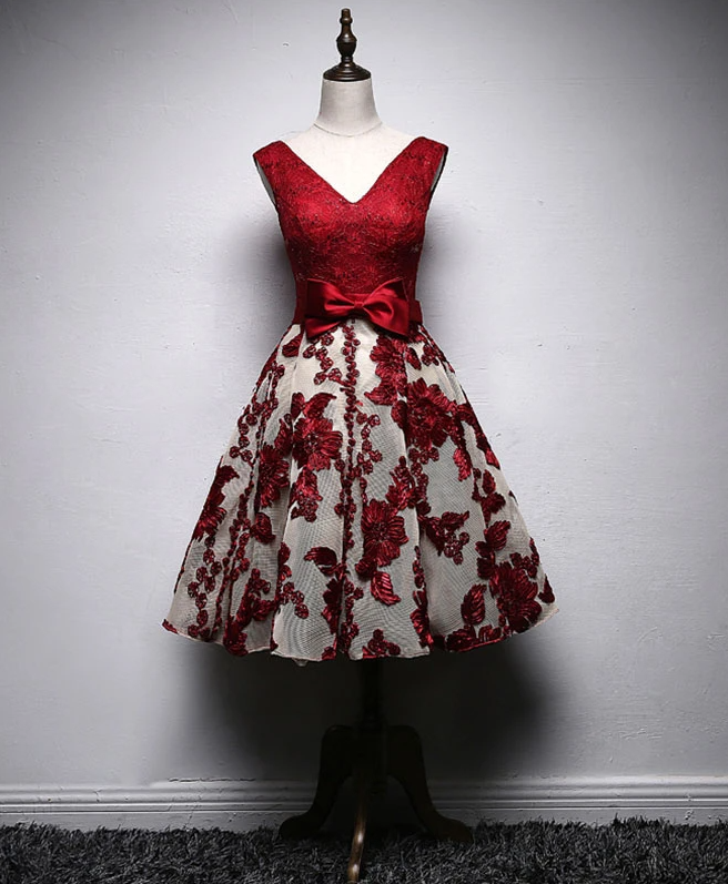 Burgund Lace V Neck Short Prom Dress, Homecoming Dress,pl1628