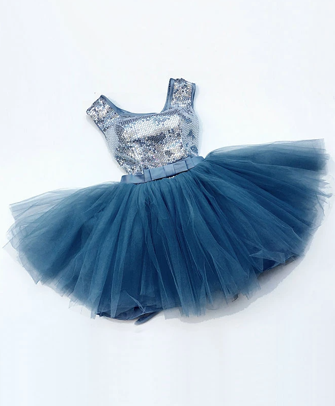 Blue Round Neck Tull Sequins Short Prom Dress, Blue Evening Dress,pl1632