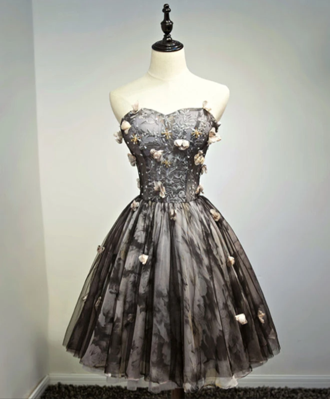 Black Lace Tulle Short Prom Dress, Black Homecoming Dress,pl1640