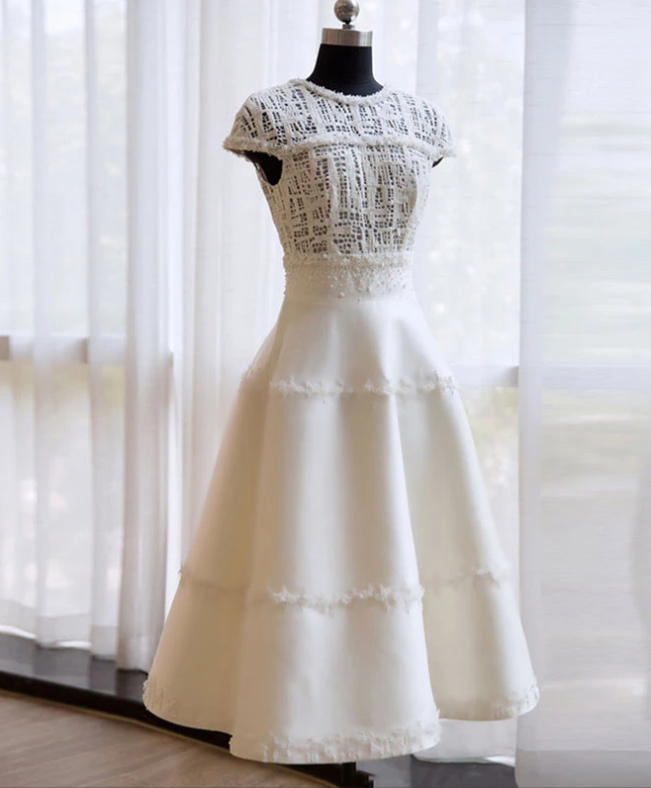 Unique White Lace Short Pro Dress, Evening Dress,pl1643