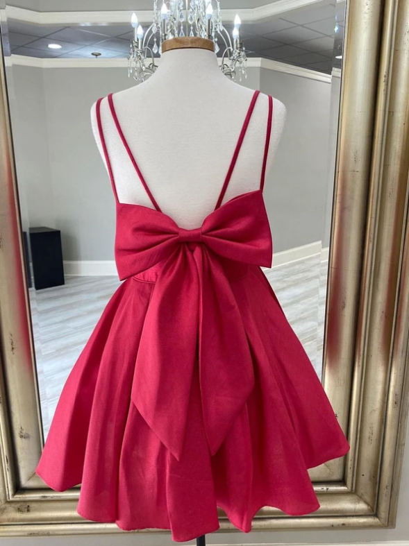 Simple Satin Spaghetti Straps Backless Bowknot A-line Homecoming Dresses,pl1658
