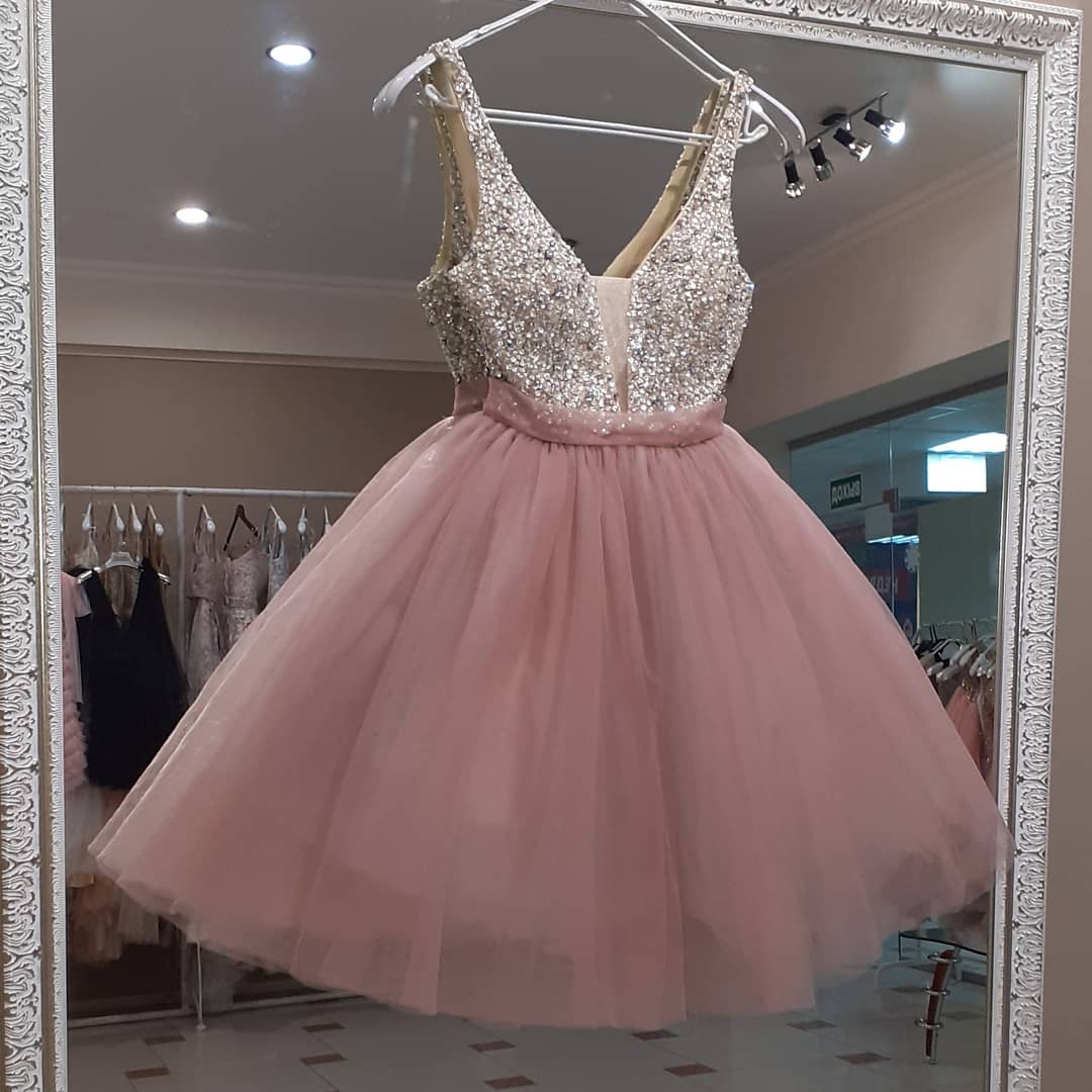 Blush Pink Tulle And Sequined Top Dress,pl1672