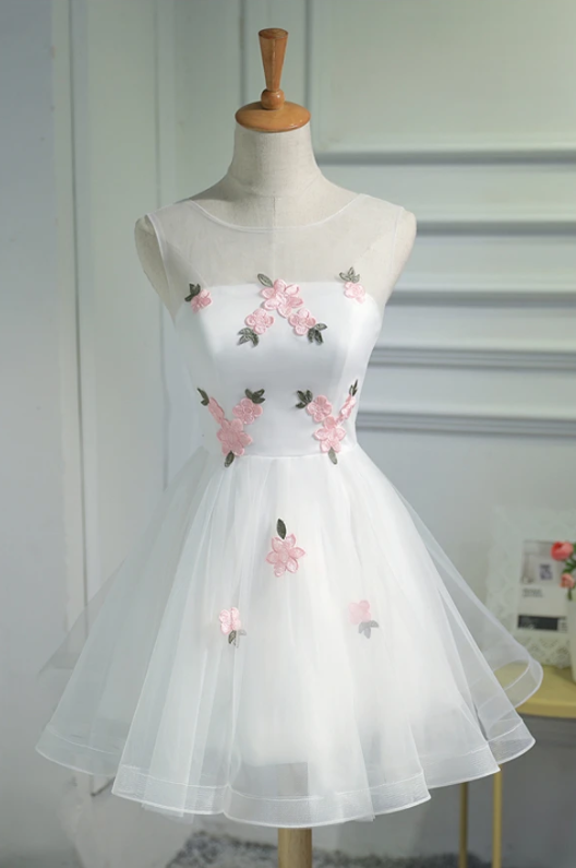 White Tulle Pink Flowers Princess Homecoming Dresses Graduation Prom Dress,pl1694