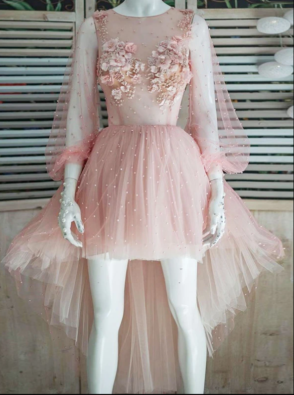 Pink Long Sleeve Homecoming Dress Party Asymmetrical Custome Homecoming Dress,pl1709