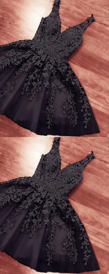Short Black Lace Embroidery V Neck Homecoming Party Dress For Girls,pl1785