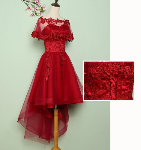 Wine Red Lace Tulle High Low Lace Formal Homecoming Dresses,pl1792