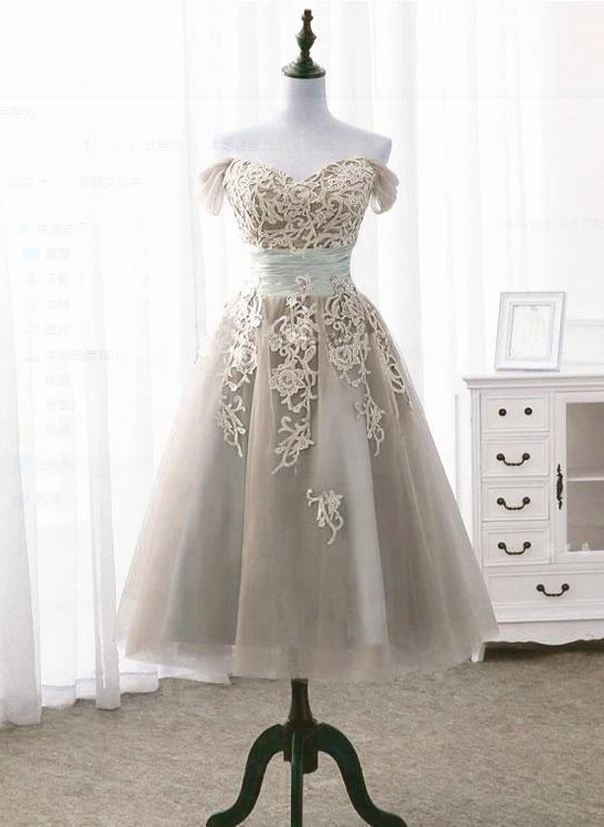 Champagne Tea Length Off Shoulder Champagne Homecoming Dresses main image 0