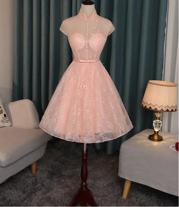 Pink Lace High Neckline Short Homecoming Dress, Lace Lovely Formal Dresses ,pl1817