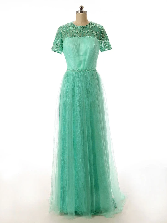 Green Modest Lace Formal Dress With Short Sleeves,pl1828