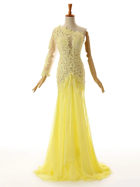 Yellow One Shoulder Lace Formal Prom Evening Dress,pl1829
