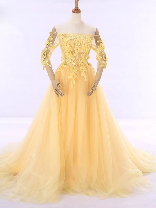 Yellow Off Shoulder Formal Evening Gown With Daisy Flowers,pl1833