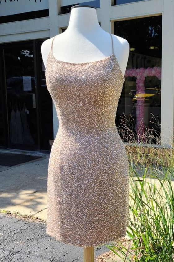 Sparkle Tight Peach Cocktail Dress Homecoming Dress With Lace Up Back,pl1843