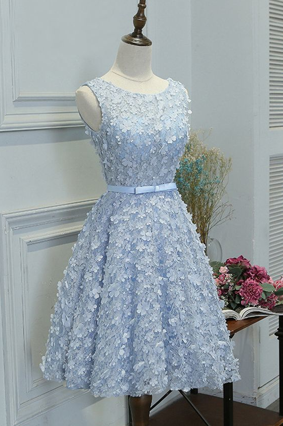 A-line Boat Neck Knee-length Blue Lace Homecoming Dress With Appliques ,pl1847