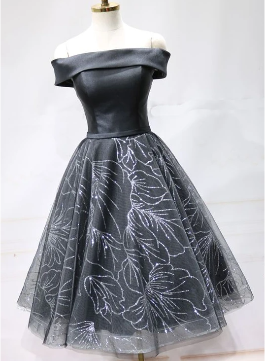 Black Satin Short Tulle Off Shoulder Party Dress, Homecoming Dress ,pl1884