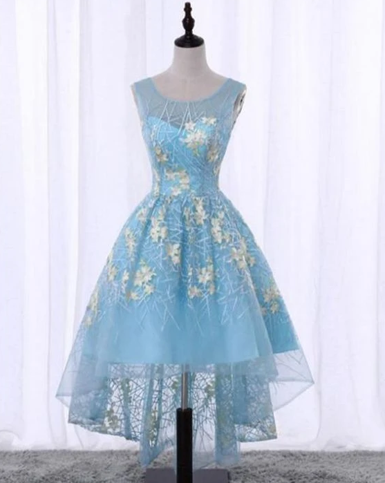 Spring Blue Lace Scoop Neck High Low Homecoming Dress With Appliques,pl1888
