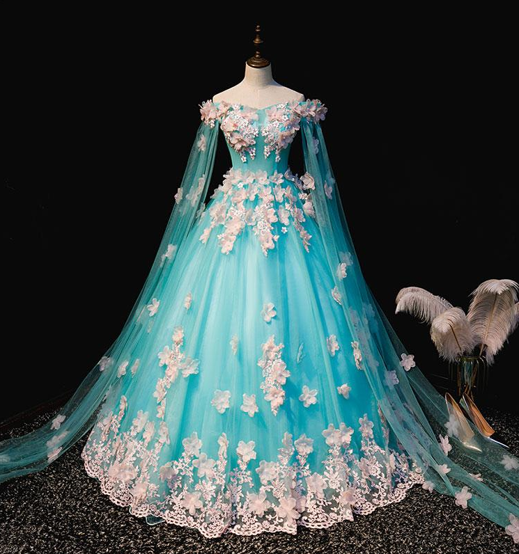 Mint Blue Tulle Embroidery Silk Flowers Quinceanera Dress, Blue Long Ball Gown Formal Prom Dress,pl1937