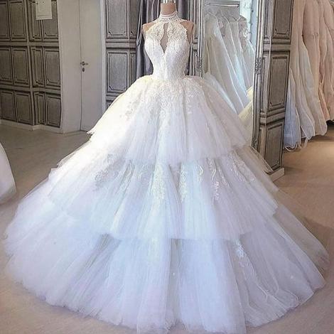 Vintage Wedding Dress, Tiered Wedding Dress, Lace Applique Wedding Dress, High Neck Wedding Dress, Wedding Ball Gown,pl1972