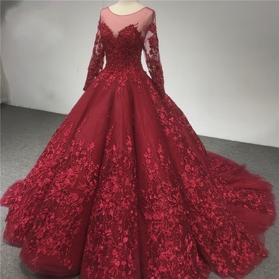 Luxury Lace Wedding Dress,long Sleeve Burgundy Ball Gown Bride Dresses,pl1983