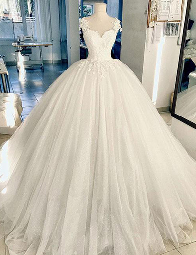 Elegant A-line White Tulle Ball Gown Long Prom/evening Dresses With Appliques,pl1989