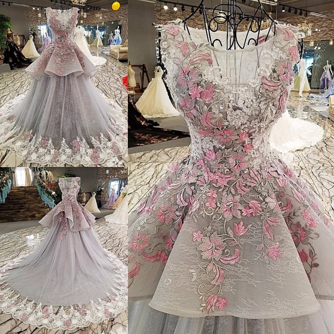 Pink Floral Lace Appliques Gray Tulle Ball Gowns Wedding Dresses Evening Dress,pl1992