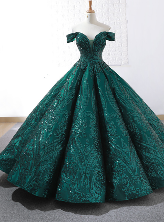 Newest Dark Green Sequins Ball Gown Off The Shoulder Prom Dress,pl2001