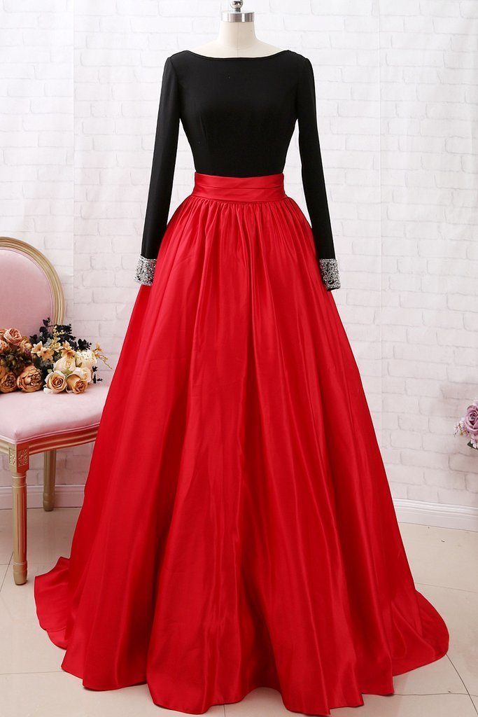 Long Sleeves Beaded Black Red Ball Gown Prom Dress Formal Evening Gown,pl2003