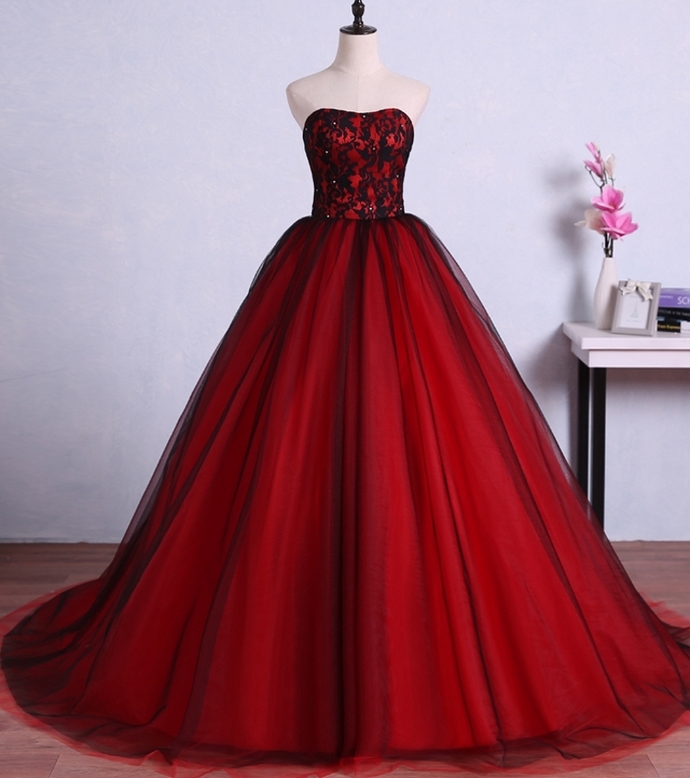 Charming Red Ball Gown Prom Dresses Tulle Sweetheart Evening Gowns With Lace Bodice,pl2004