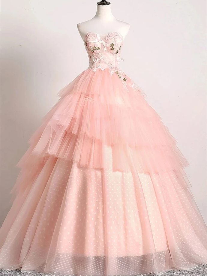 Trendy Long Sleeve Lace Appliques Dusty Pink Ball Gown Prom Gown JTE603