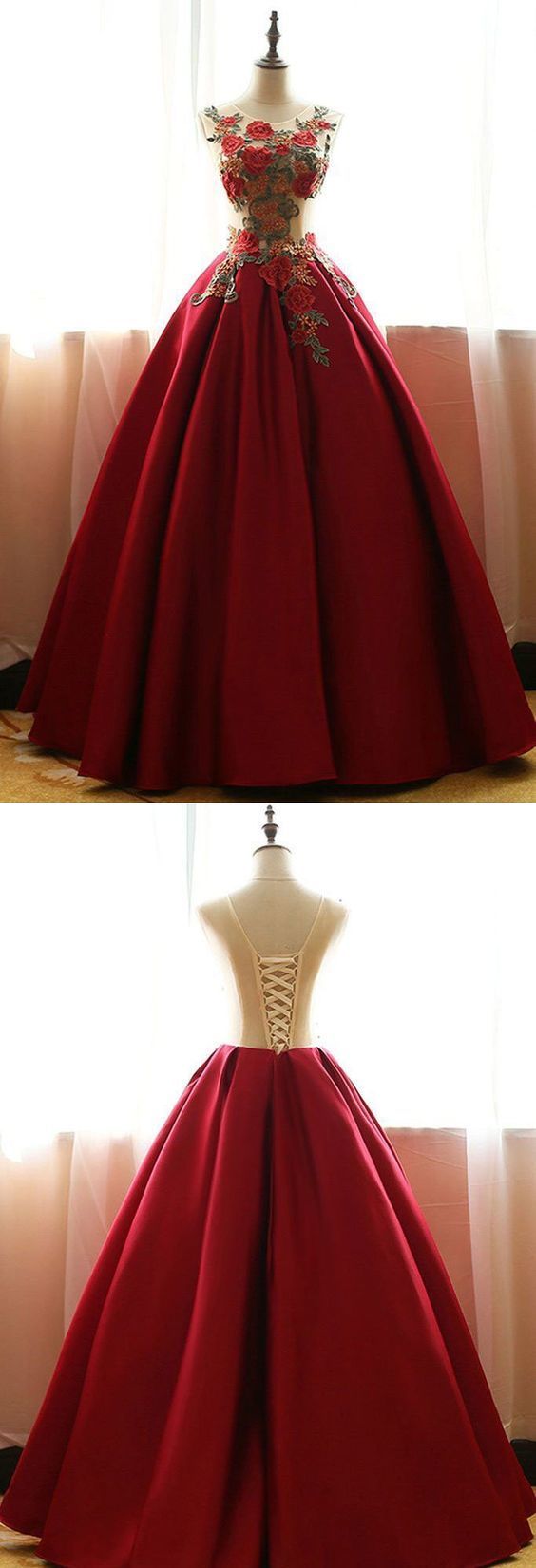 Red Quinceanera Dresses,satin Prom Dresses With Flowers,ball Gown Prom Dresses,rose Applique Prom Gown,a-line Evening Dress,long Prom