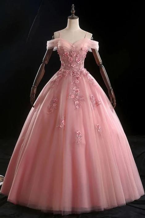 Pink Ball Gown Off Shoulder Prom Dress With Flowers,pl2084