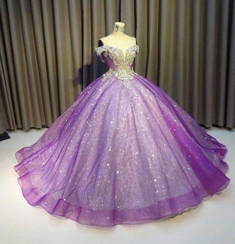 Purple Off The Shoulder Ball Gown , Bling Bling Prom Dress ,pl2095